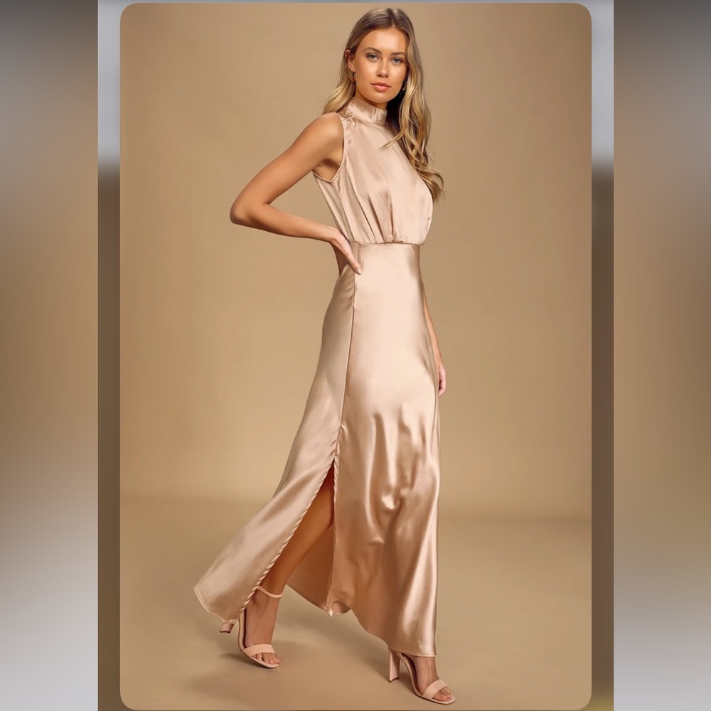 New  Lulus Classic Elegance Blush Satin Sleeveless Mock Neck Maxi Dress